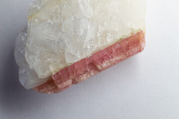 Macro top photography of white quartz with pink tourmaline  - rubellite. Rose stone