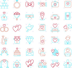 36 of minimal wedding icon set in color. Bridge,gift, groom, bouquet, church, honeymoon, champagne, couple, heart, car, calendar, cake, invitation, ballon, envelope, photo, camera, dove, love, car