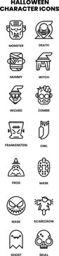 HALLOWEEN - line vector icon set. The set contains icons: Scarecrow, Monster, Ghost, Witch, Wizard, Zombie, Mask, Mummy, Death, Owl, Magic frog, Skull, Frankenstein.