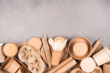 Paper utensils bundle, ecological tableware - paper cups, food containers, bags and wooden bamboo...