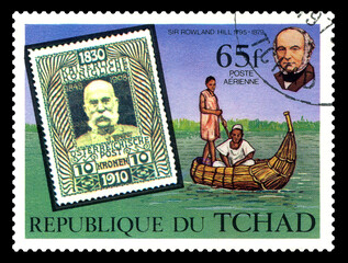 Postage stamp. People in a boat.