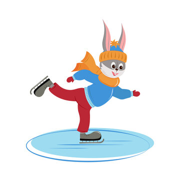 Jolly hare on skates. Rabbit skating on the ice. Symbol of the year 2023. For posters, calendars, stickers, flyers, banners, t-shirts.