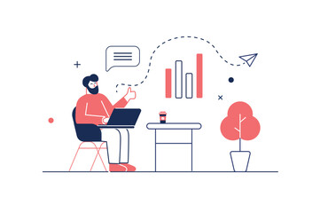 Digital business concept in flat line design with people scene. Man working at office and developing company, analysis data and graph statistics, create success strategy. Vector illustration for web