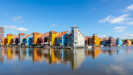 Amazing panorama multi color buildings on water side, Dutch style modern houses with colorful on harbor port with blue sky background, Reitdiephaven, Groningen is a city in the northern Netherlands.