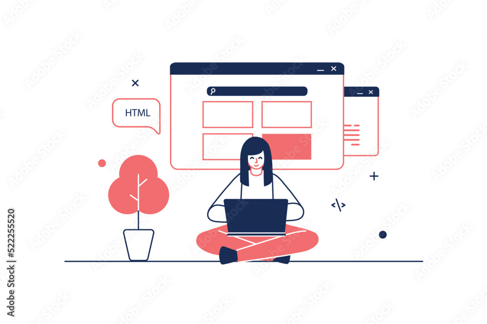 Poster web development concept in flat line design with people scene. woman creates site layouts and optimi