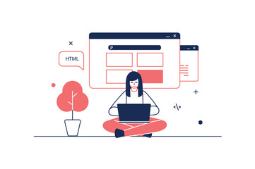 Web development concept in flat line design with people scene. Woman creates site layouts and optimization for different screens, coding and fillings graphic content. Vector illustration for web