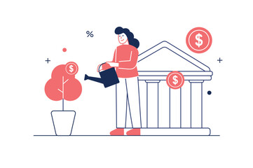 Banking concept in flat line design with people scene. Woman manages her money account, makes financial transactions at bank, watering money tree and increases income. Vector illustration for web