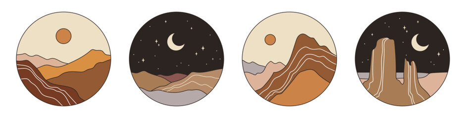 Boho vector set. Contemporary  compositions with sun, moon and mountains. Abstract landscapes.  Boho wall decor. Mid century art print.