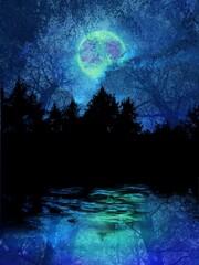 怪しく輝く青い満月とその月光が反射した湖と黒く揺らめく深い北欧の森の風景画　