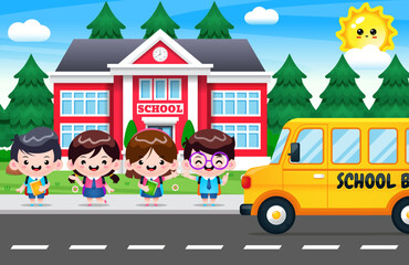 Students In Pedestrian Way Waiting Bus School