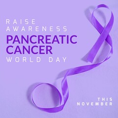 Fototapeta premium Composition of pancreatic cancer day text with purple ribbon on purple background