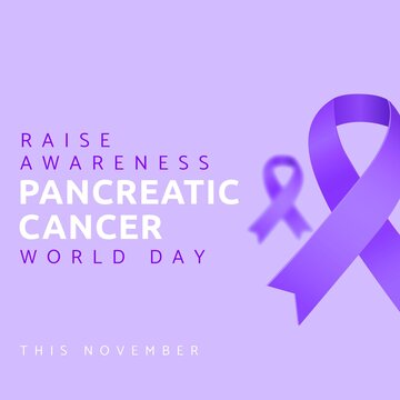 Composition of pancreatic cancer day text with purple ribbon on purple background