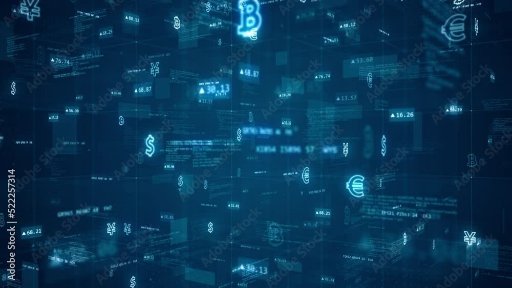 Poster motion graphic of blue digital cyberspace and money icon with program code and element icon levitati