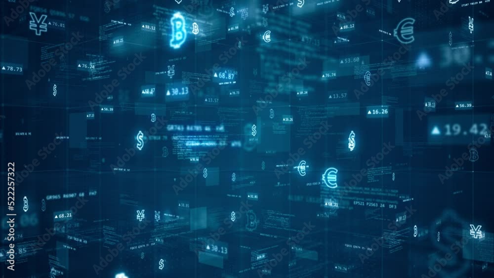 Poster motion graphic of blue digital cyberspace and money icon with program code and element icon levitati
