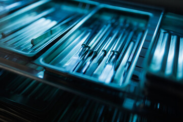 Sterilization of dental instrument with ultraviolet autoclave in dental clinic. Close up view of...