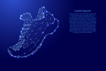 Sneaker lace-up, repeats curve of running leg, from futuristic polygonal blue lines and glowing stars for banner, poster, greeting card. Vector illustration.