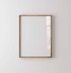 Old wooden frame mockup close up on white wall, 3d render