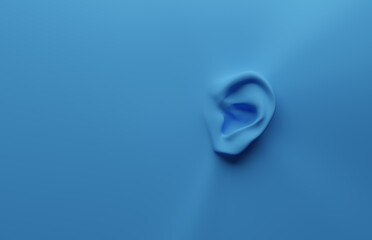 Green ear on a blue background, health care or alertness concept, 3d render