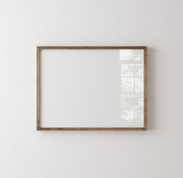 Old wooden frame mockup close up on white wall, 3d render