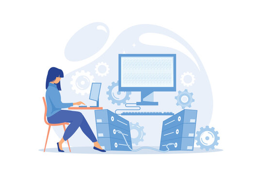 System administration Network upkeeping, computer systems and servers configuration, install or upgrade computer components and software flat design modern illustration