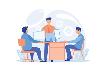 Fototapeta premium Computer Lab Advanced computer skills, information technology learning, university on demand laboratory, college tech classroom equipment flat design modern illustration