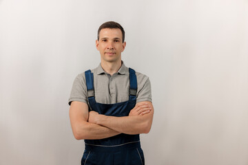 Fototapeta premium Portrait of a male builder. Copy space.