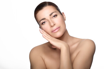 Beauty and Skin Care Concept. Beautiful natural woman with clean healthy luminous skin. Panorama...