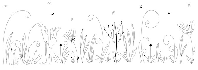 Vector linear abstract flowers, plants. Field beautiful fairy grass
