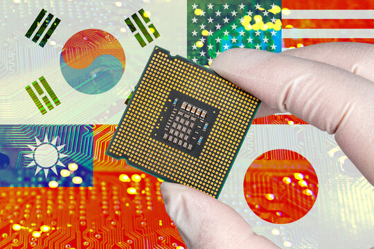 South Korea, USA, Taiwan and Japan flags and semiconductor chips. Chip4 alliance concept.