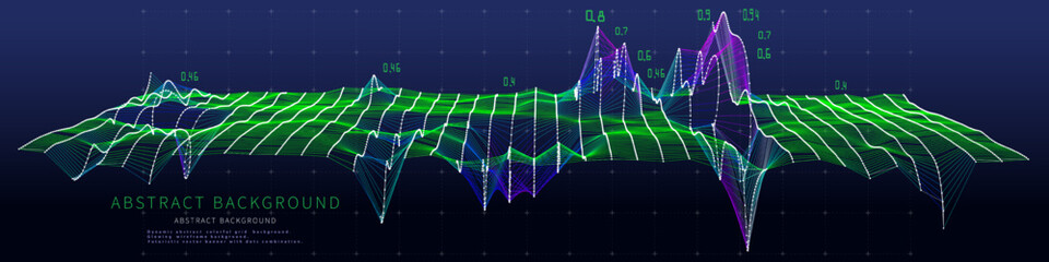 Abstract  background with grid and data on dark blue. Big data. Technology 3d concept. Banner for business, science and technology data analytics representation.