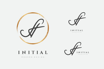 A logo. Initials letter o in gold circle. Initial signature. Design fashion handwriting monogram. Handwritten identity name. Abstract paintbrush font. Brush writing calligraphy. Write script. Vector 
