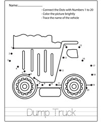 Dot to dot kids puzzle worksheet cartoon drawing construction vehicle. Trace and Color Educational game. © Funnyarti