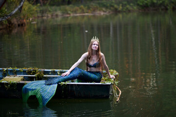 Mermaid story. The little mermaid sits in a boat. Mermaid at sunset. Mermaid's tail. Mermaid...