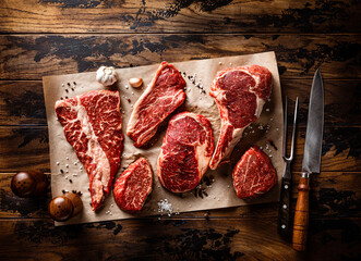 Raw meat collection. Steak, bone-steak and fillet medallion set over rustic wooden background