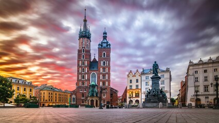 Rynek Główny w Krakowie z Kościołem Mariackim o wschodzie słońca latem - długi czas naświetlania - obrazy, fototapety, plakaty