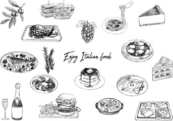 Various sketch italian foods illustration