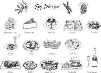 Various sketch italian foods illustration