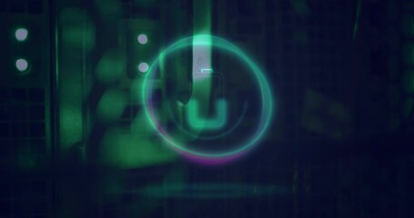Animation of neon circle with battery over servers - Powered by Adobe