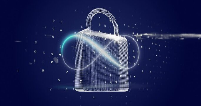 Animation of infinity over digital padlock and numbers in navy space