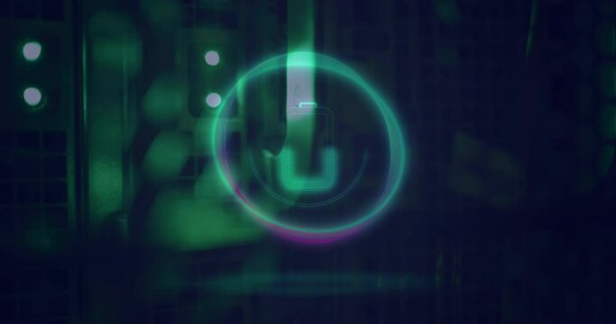 Animation of neon circle with battery over servers