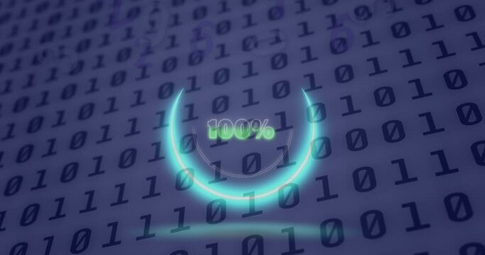 Animation of neon circle with 100 percent over binary code