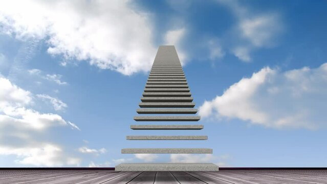 Animation of floating staircase over clouds moving in blue sky