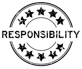Grunge black responsibility word with star icon round rubber seal stamp on white background