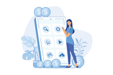 App monetization Mobile app advertisement, app download promotion methods, mobile users attraction, startup launch, marketplace position flat design modern illustration