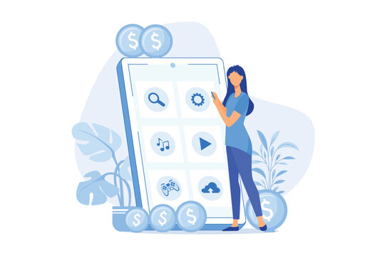 App monetization Mobile app advertisement, app download promotion methods, mobile users attraction, startup launch, marketplace position flat design modern illustration