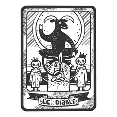 Tarot playing card devil satan sketch engraving vector illustration. T-shirt apparel print design. Scratch board imitation. Black and white hand drawn image.