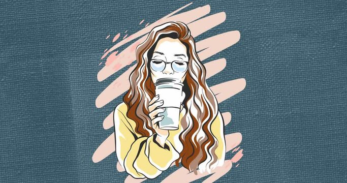 Animation of woman drinking coffee on pink scribble over moving blue texture background