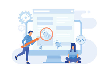Software testing IT software application testing, quality assurance, QA team, bug fixing, automation and manual, website and mobile flat design modern illustration - obrazy, fototapety, plakaty