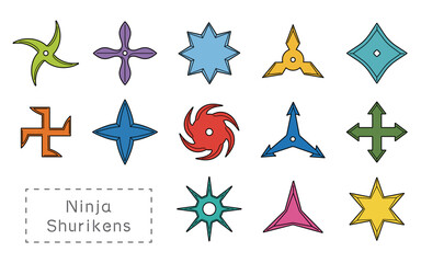 Obraz premium いろいろな形の手裏剣、アイコン、カラフルな線画