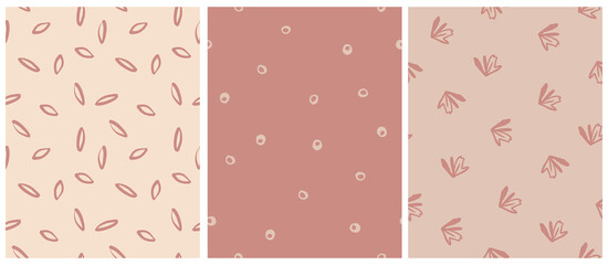 Simple Hand Drawn Irregular Vector Patterns. Freehand Blush Brush Spots, Flowers and Circles on a Pale Red and Beige Background. Modern Geometric Seamless Pattern. Cool Abstract Doodle Print.